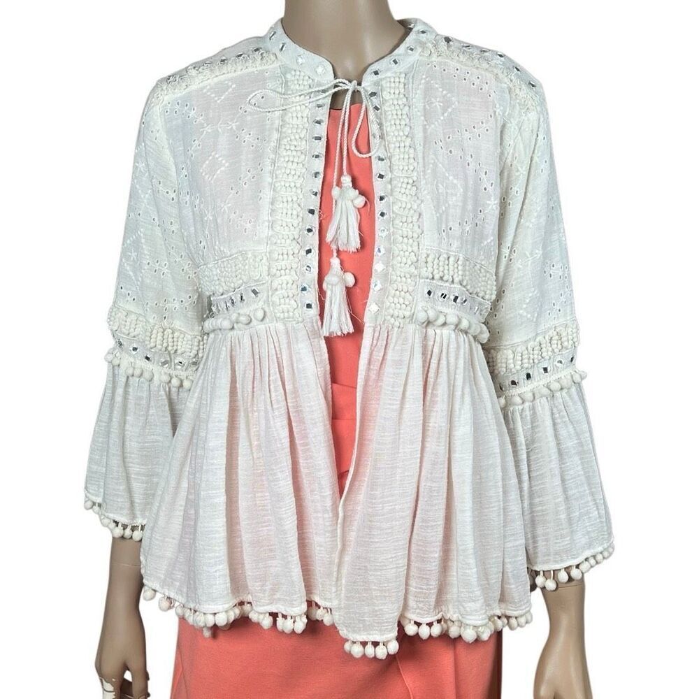 Zara Woman White Boho Embroidered Pom Pom Mirror Detail Jacket Size M